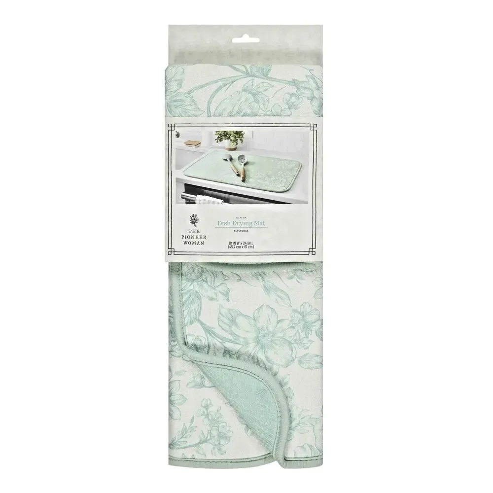 Pioneer Woman Agatha Dish Drying Mat 100% Polyester Green White 18 x 24-in Gift
